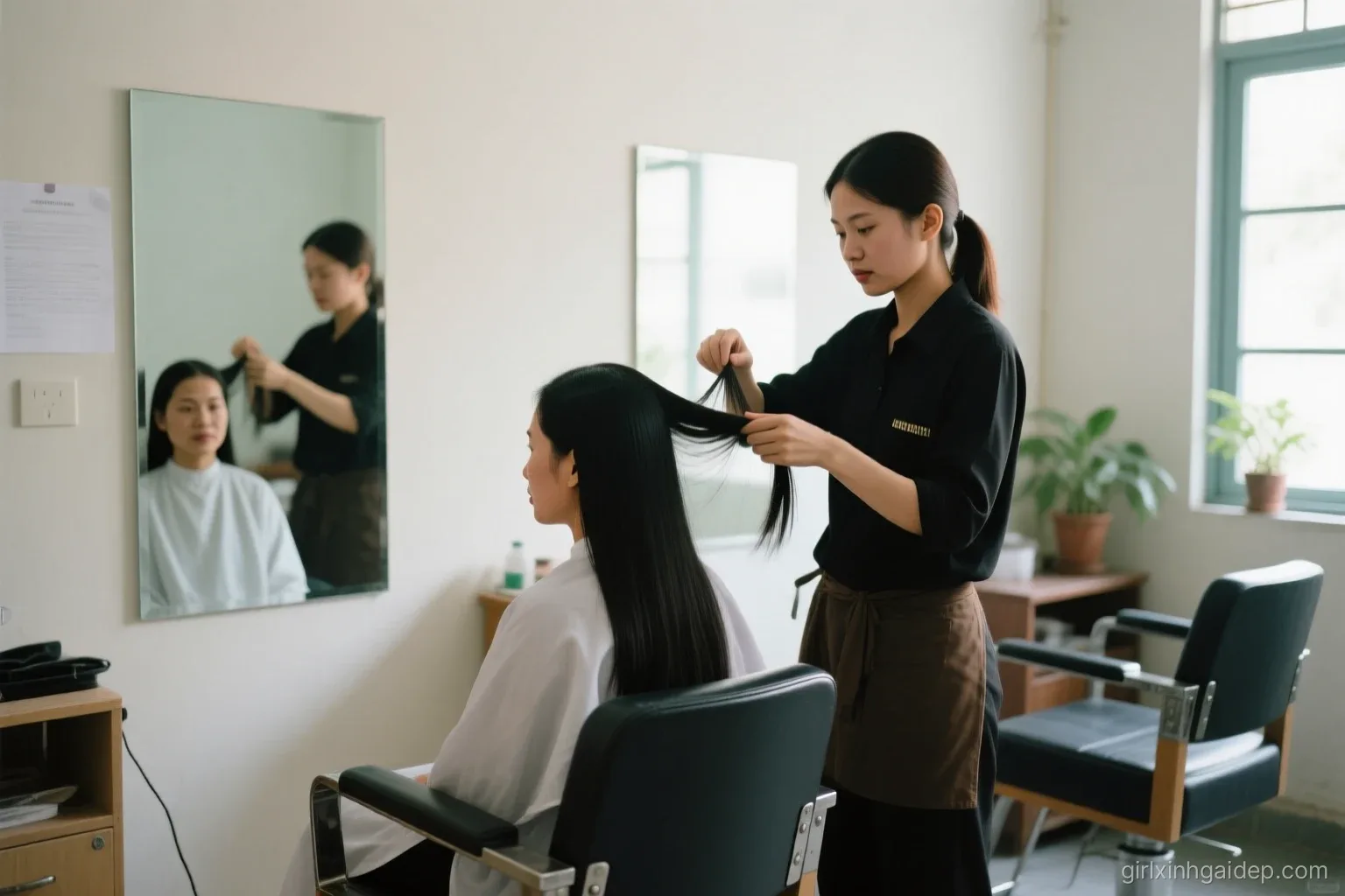 Adult Vietnamese woman seated in a simple neighborhood hair salon chair, a stylist behind her gently lifting strands to show length options in the mirror, natural daylight