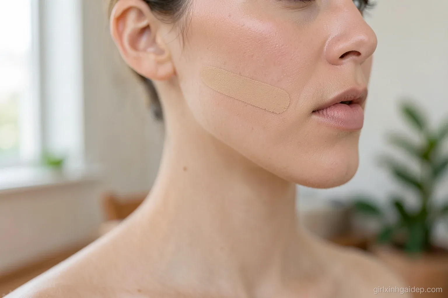Macro of three small swatches of foundation in slightly different beige shades blended along a woman jawline, daylight from a window, soft focus background of a quiet room