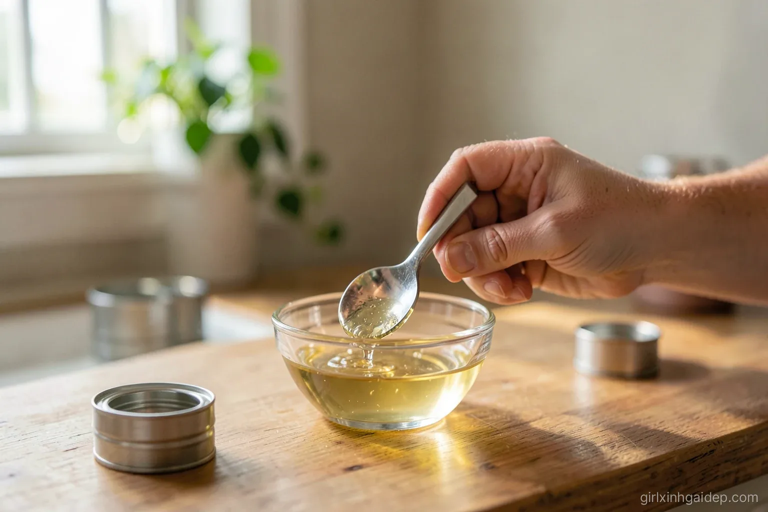 Close-up of adult hands melting a spoon of clear petroleum jelly in a small glass bowl over warm water, tiny empty tins on a wooden kitchen counter, soft morning light