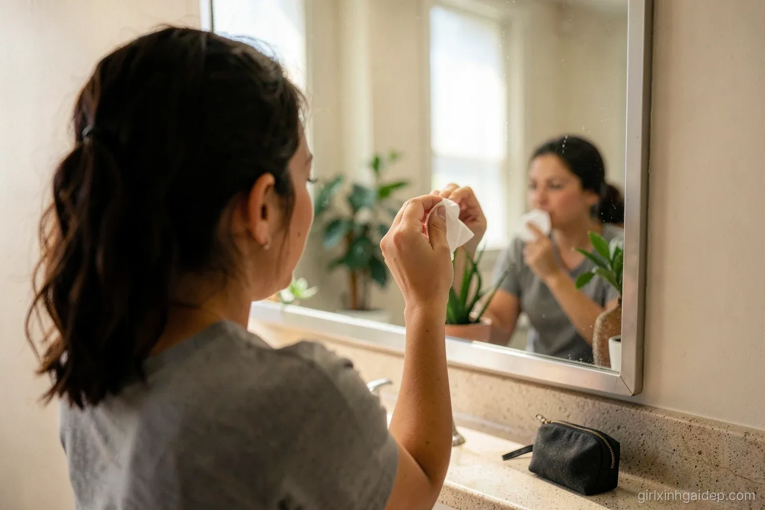 Over-the-shoulder view of a woman pressing a blotting tissue on her nose in a sunlit office restroom mirror, humid afternoon, small zip pouch on the counter, natural tones