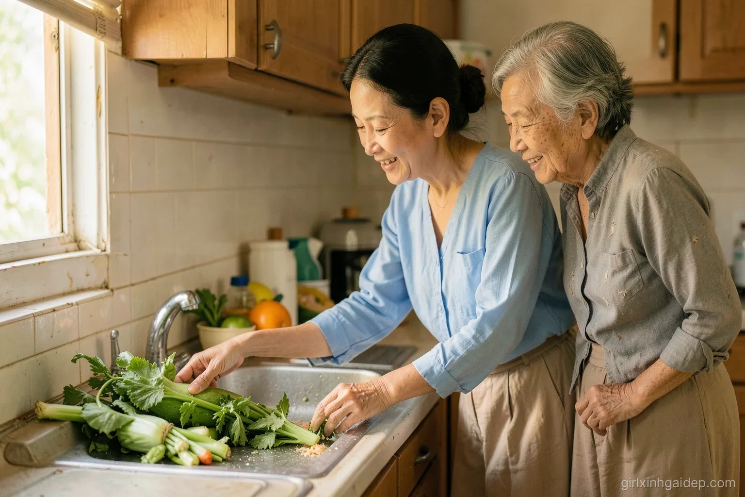Adult Vietnamese woman in a soft blue long-sleeve blouse and beige midi skirt helping wash vegetables at a family kitchen sink, older woman beside her, natural warm light