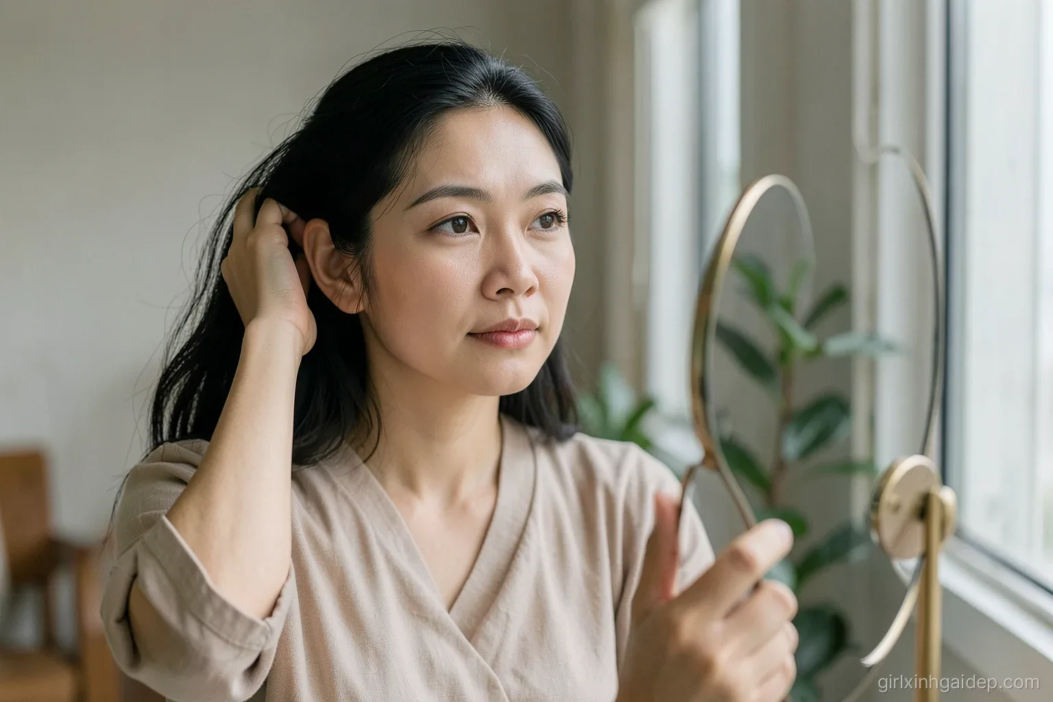 Adult Vietnamese woman in her thirties parting her dark hair at a window with a hand mirror, noticing a few silver strands, calm expression, soft overcast light