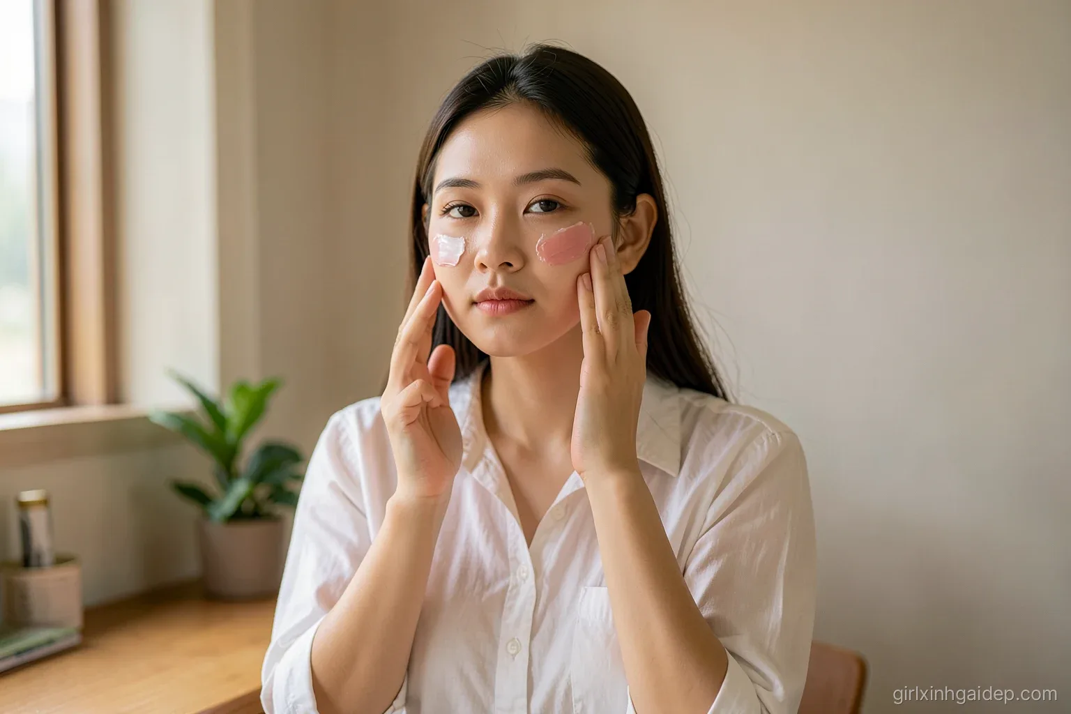 Young Vietnamese woman in a plain cotton blouse dabbing cream blush onto her cheek with fingertips at a small bedroom vanity, morning window light from the side, medium shot